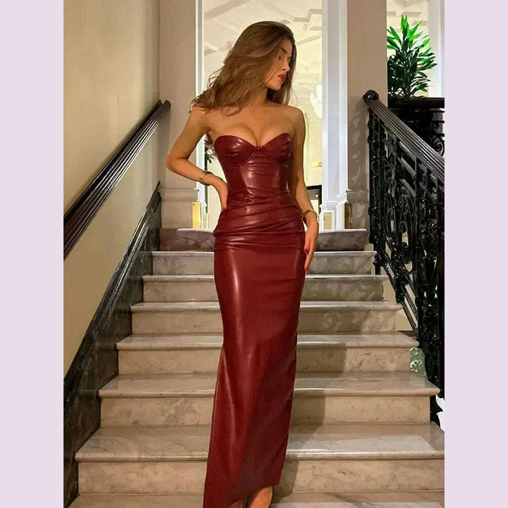 Vintage Leather Zipper Wrinkle Slim Bra Midi Dress Women Fashion Sleeveless Split High Waist Robes 2024 Lady Evening Party Wear