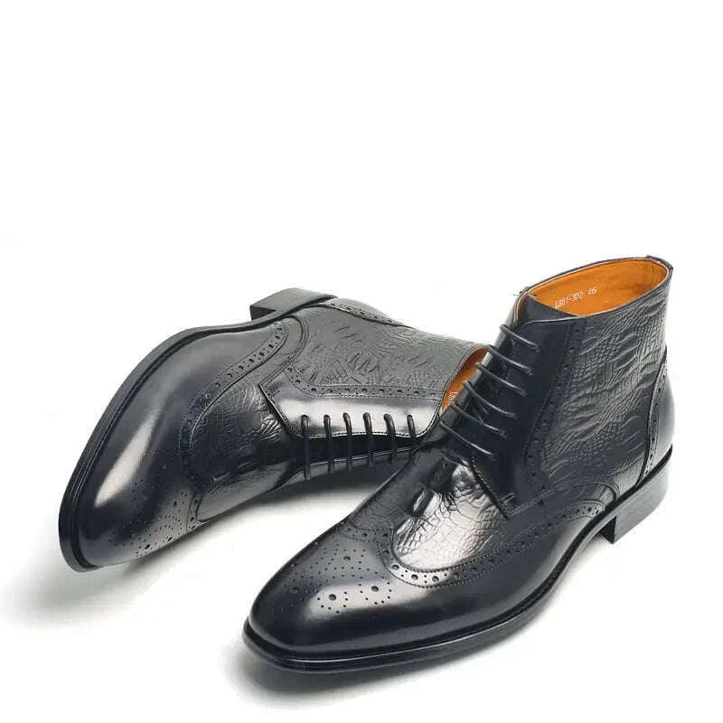 Luxury Genuine Leather Boots Handmade Retro Printing Shoes Men's Lace Up Top Cow Leather Business Casual Trendy Party Warm Boot