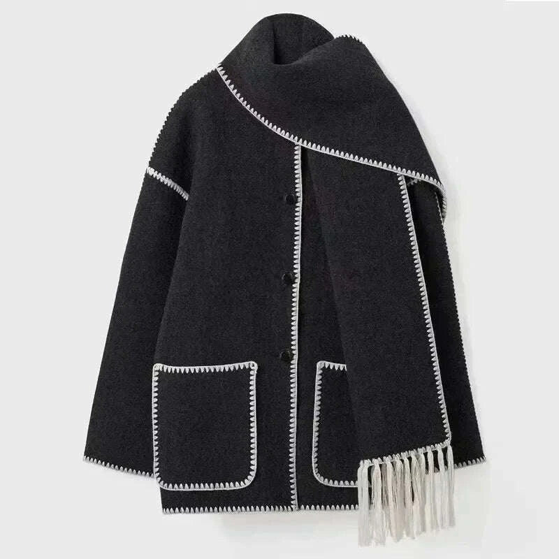 Elegant Vintage Woolen Overcoat For Women Single Breasted Scarf Loose Jacket Pocket Casual Coat 2024 Autumn New Lady Outerwear