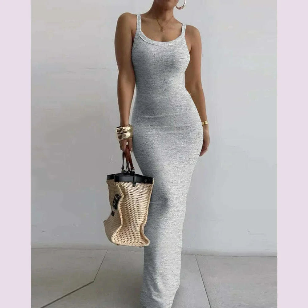 2025 Women s Sleeveless Strap O neck Sexy Belt Colorful Printed Long Skirt Evening Dress Y2k Sleeveless Solid Color Tight Fit