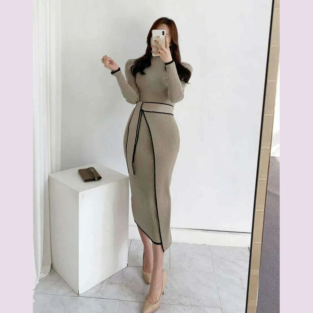 Elegant Stand Collar Contrast Bandage Long Sleeve Women Knitted Dress Autumn Korean Fashion Casual Knit Bodycondresses Vestidos