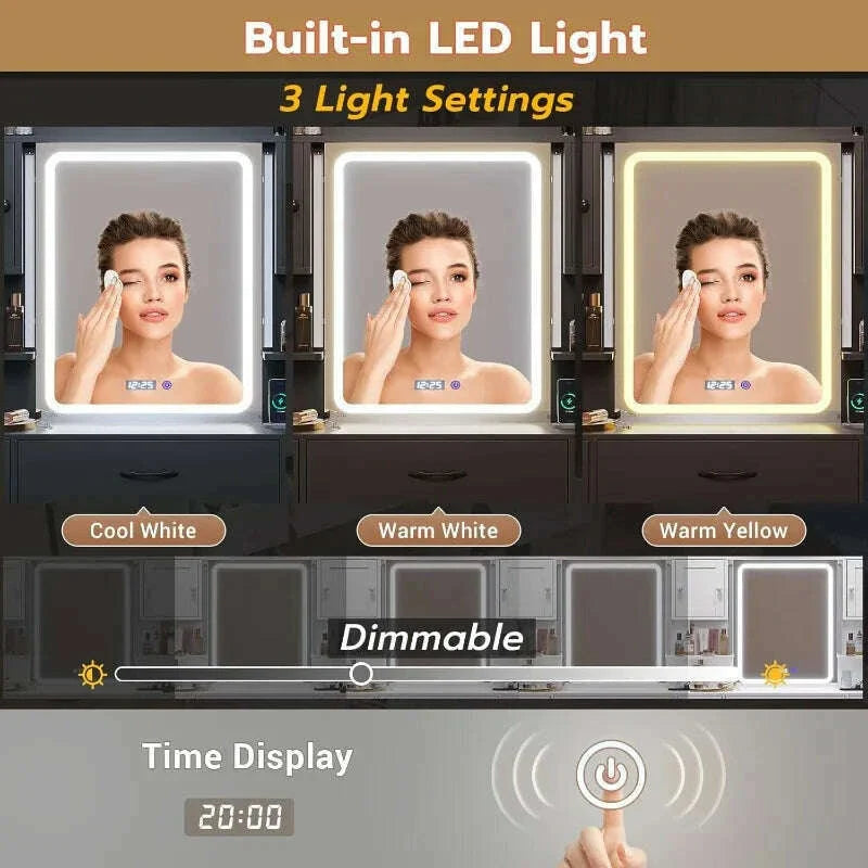 Large Makeup Vanity With Lights, LED Mirror With Digital Time Display & Power Outlet, RGB Ambient Light Vanity Desk Wit