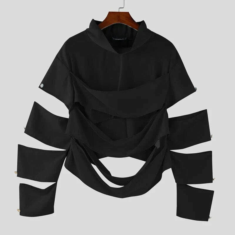 INCERUN Men Irregular T Shirts Solid Color Turtleneck Long Sleeve Hollow Out Men Clothing Streetwear 2025 Fashion Sexy Camisetas