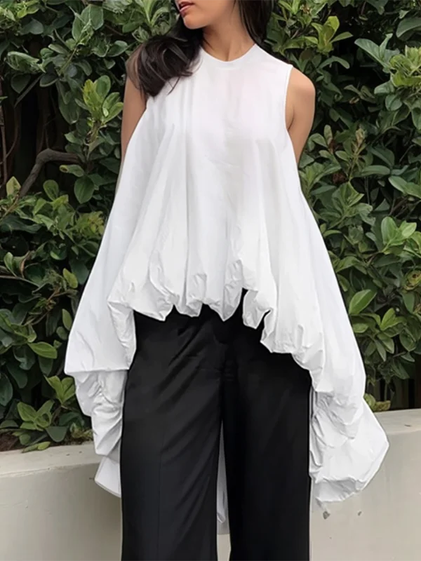 UOOZEE Women's High-Low Loose Pleated Round-Neck Vest Tops 2025 New Summer Sleeveless Casual Simple White Cotton T-shirts