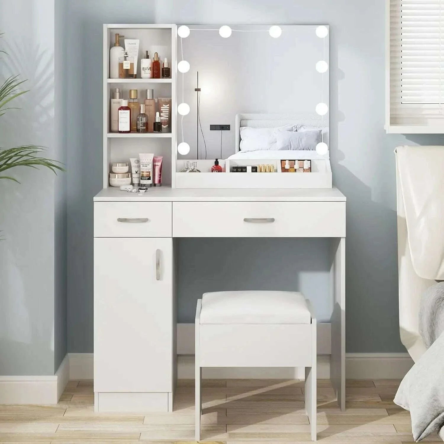 Dressing Table, Makeup Vanity Desk with Lighted Mirror & Power Strip, Black Vanity Table Set with Lights and Lots Storage
