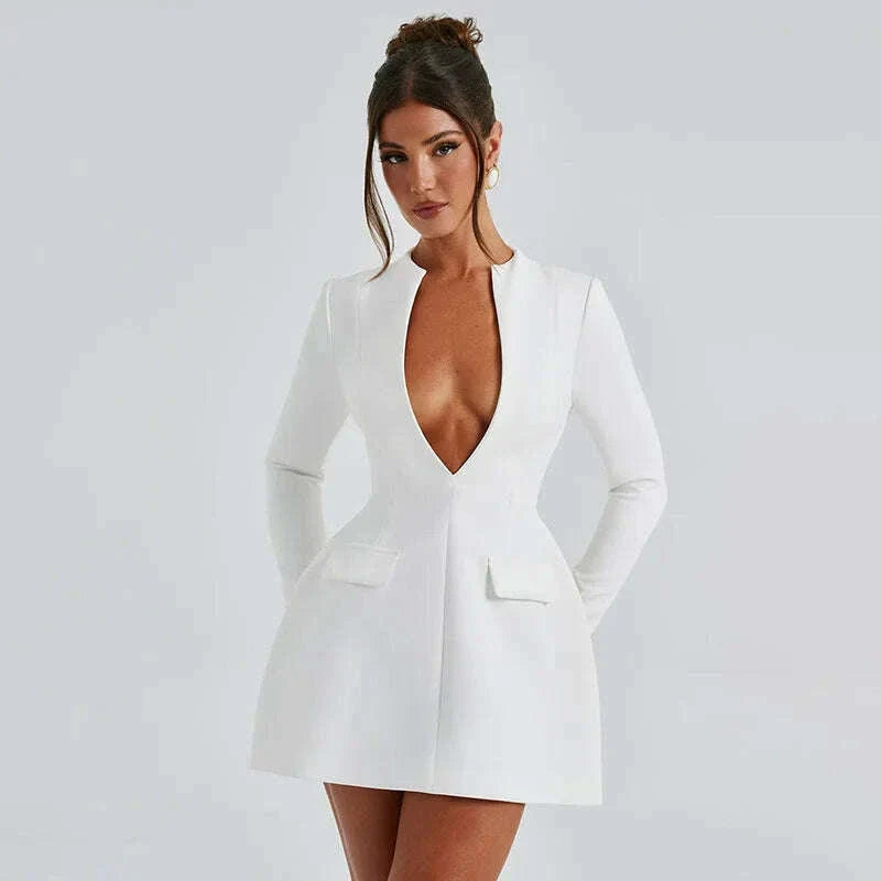 Fashion Deep V-neck Tunics Short Dress White Black Women Autumn Winter Long Sleeve High Waist Party Dresses Female Blazer Dress