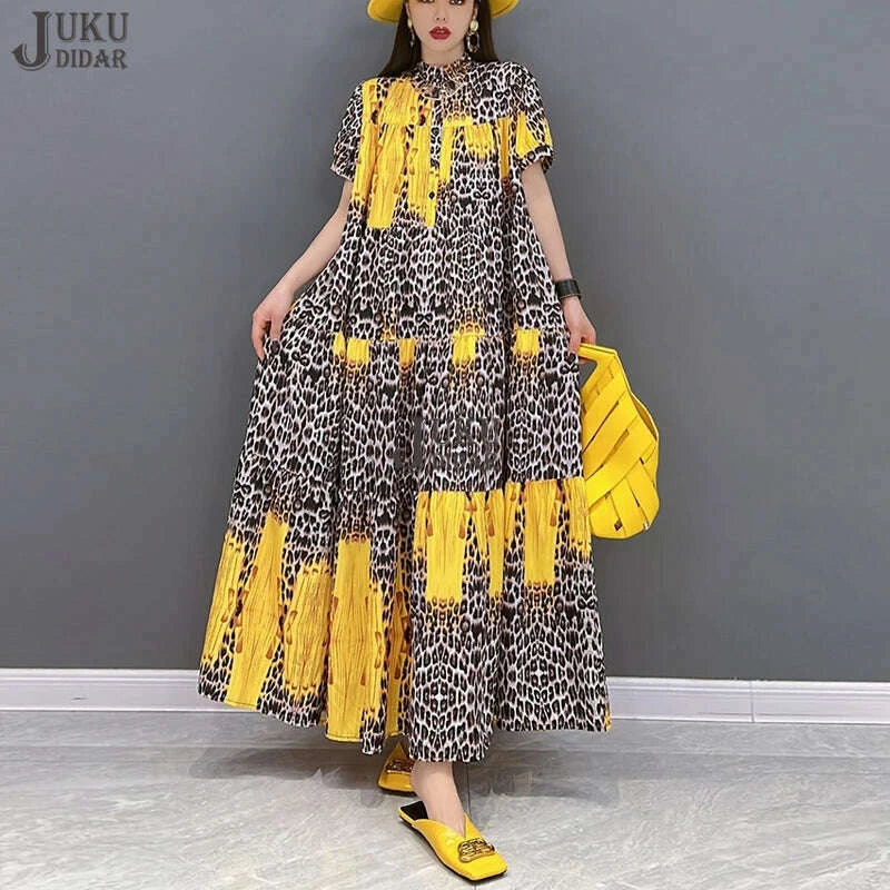 Korean Style Painted Short-Sleeve Casual Loose Big Size Yellow Red Blue Leopard Long Dress Summer Boho Print Dress Robe JJXD071