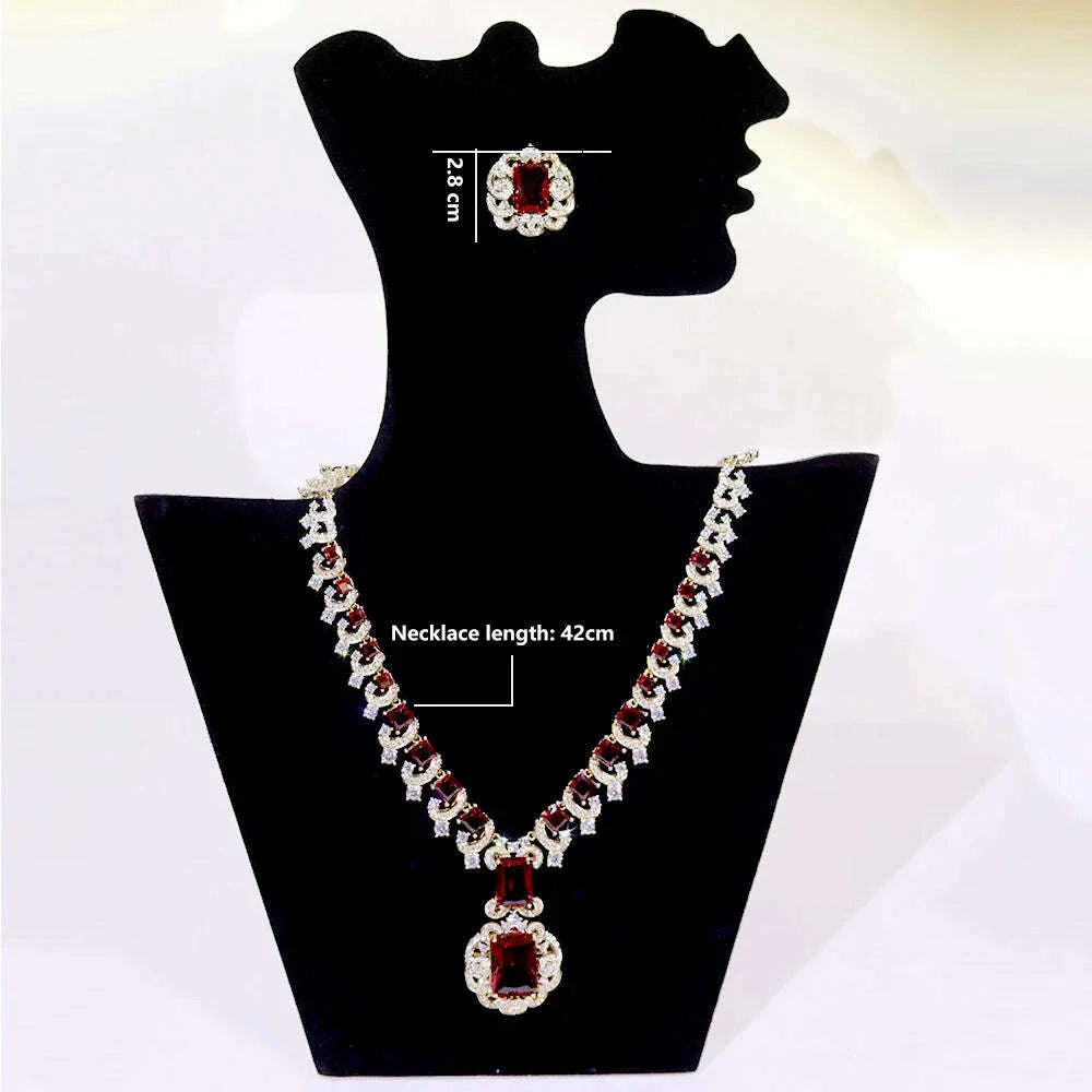ASNORA New European and American Banquet Jewelry, Heart Earrings Necklace Set Women's Red Zircon Square Pendant