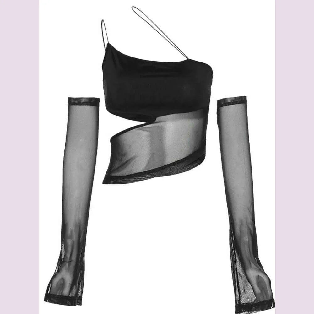 Asymmetrical Cut Out Mesh Crop Top with Sleeves Fairy Grunge Clothes Transparent Camisole Tank Tops