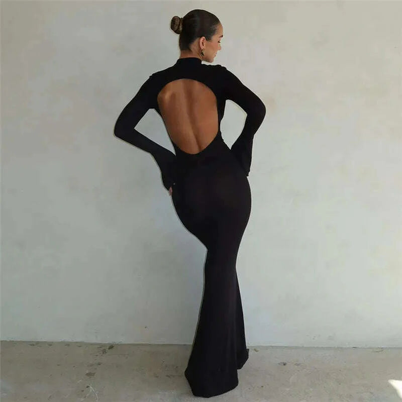 Autumn Winter Backless Sexy Party Club Black Bodycon Maxi Dresses Outfits for Women Long Sleeve Y2K Dress Vestido Streetwear New