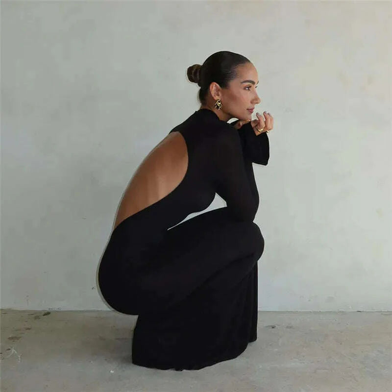 Autumn Winter Backless Sexy Party Club Black Bodycon Maxi Dresses Outfits for Women Long Sleeve Y2K Dress Vestido Streetwear New