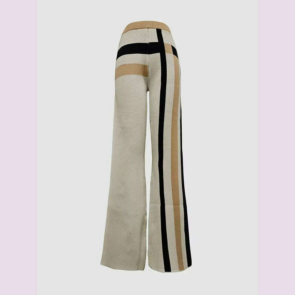 Beautyblue 2 Piece Sets Women Outfit Pant Sets 2025 New Round-Neck Pullovers Khaki Sweater Striped Wide Leg Pants Tops&Bottoms
