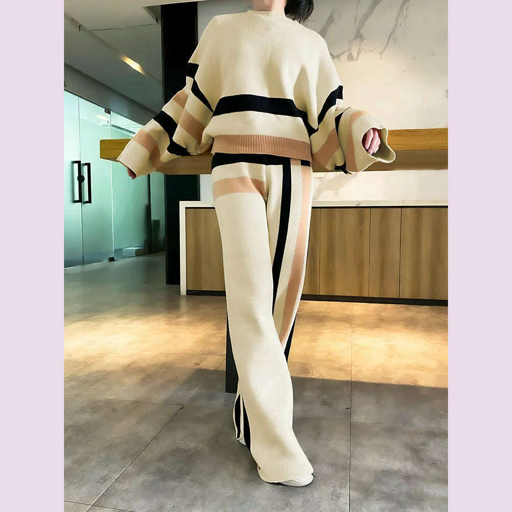 Beautyblue 2 Piece Sets Women Outfit Pant Sets 2025 New Round-Neck Pullovers Khaki Sweater Striped Wide Leg Pants Tops&Bottoms