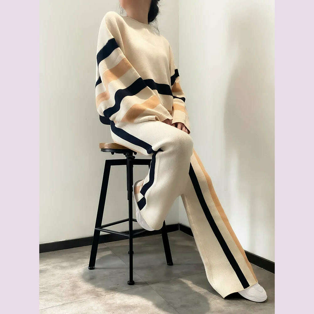 Beautyblue 2 Piece Sets Women Outfit Pant Sets 2025 New Round-Neck Pullovers Khaki Sweater Striped Wide Leg Pants Tops&Bottoms