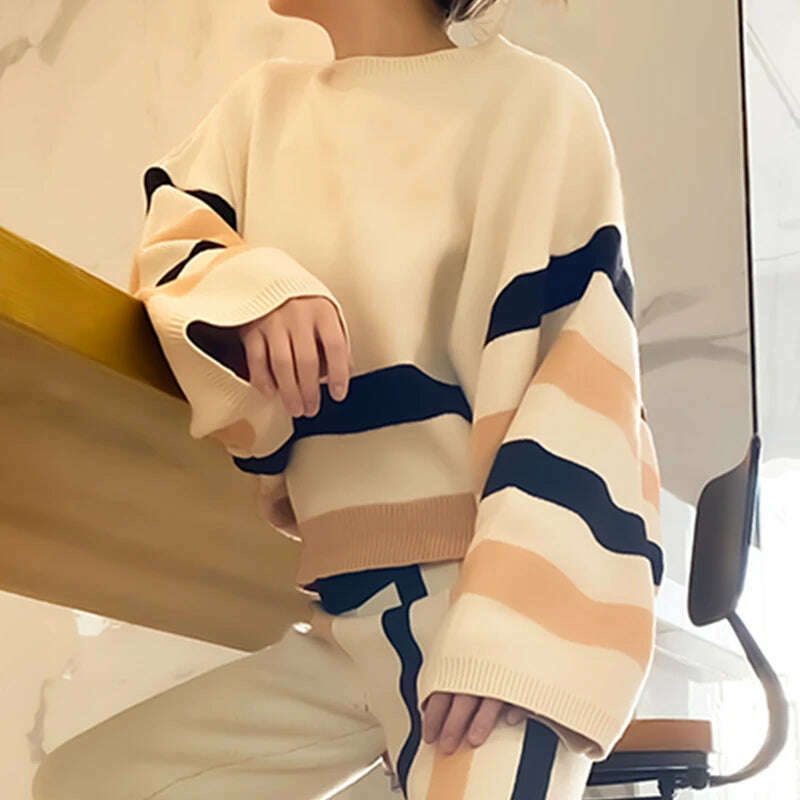 Beautyblue Chic Elegant Lantern Sleeves Pullovers Women Sweater New Casual Loose Fit Striped Knit Warm Autumn Spring Female Tops