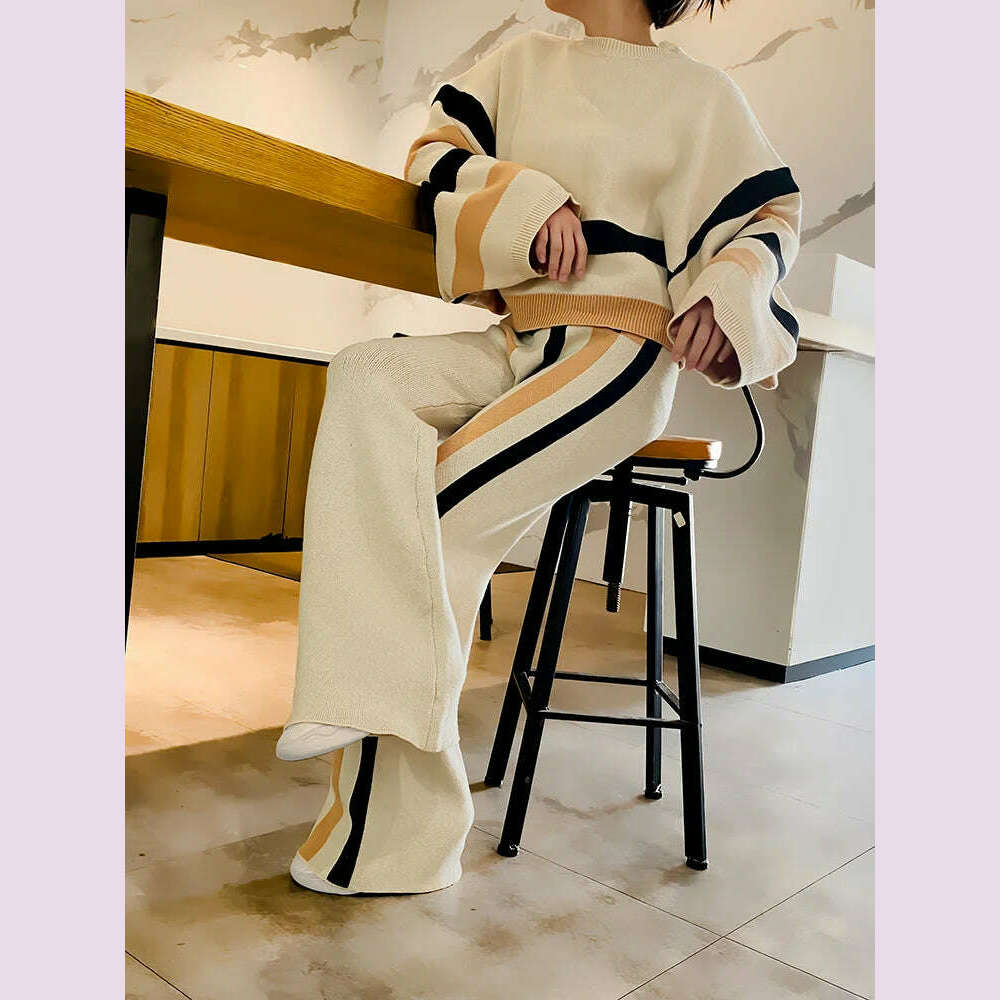 Beautyblue Chic Elegant Lantern Sleeves Pullovers Women Sweater New Casual Loose Fit Striped Knit Warm Autumn Spring Female Tops