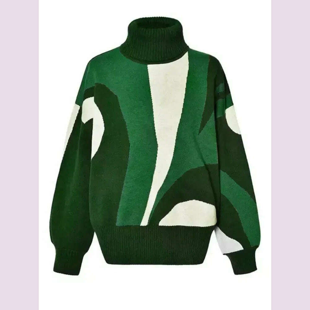 Beautyblue Women's Winter Clothing Luxurious Knitwear Green Casual Contrast Color High Neck Female High Neck Pullovers Sweater