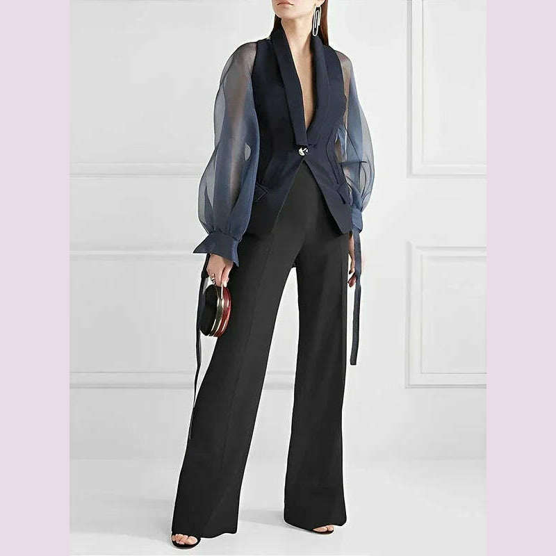 Bonboho Blazer Suits Top for Women Lapel V-neck Puff Sleeve Buttoned Shirt & Blouse for Urban Female Spring and Summer Tops