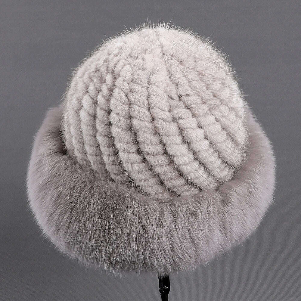BOONJOVIA Women's Luxury Genuine Mink Fur Beanie Hat With Fox Fur Trim Brim Top Cap Lady Winter Fur Hats Warm Fluffy