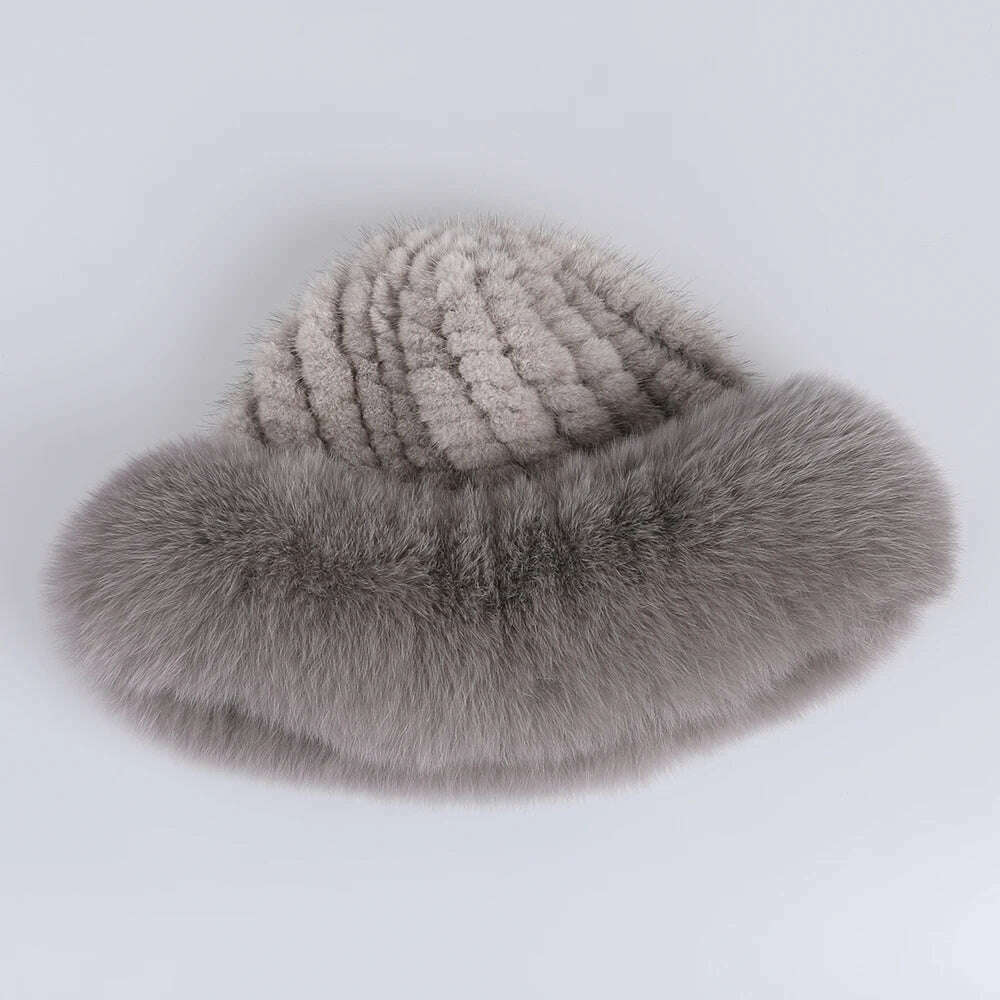 BOONJOVIA Women's Luxury Genuine Mink Fur Beanie Hat With Fox Fur Trim Brim Top Cap Lady Winter Fur Hats Warm Fluffy