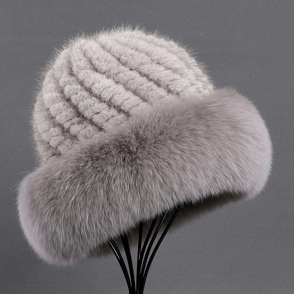 BOONJOVIA Women's Luxury Genuine Mink Fur Beanie Hat With Fox Fur Trim Brim Top Cap Lady Winter Fur Hats Warm Fluffy