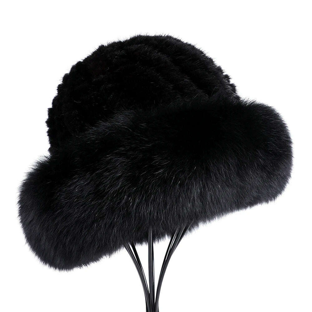 BOONJOVIA Women's Luxury Genuine Mink Fur Beanie Hat With Fox Fur Trim Brim Top Cap Lady Winter Fur Hats Warm Fluffy