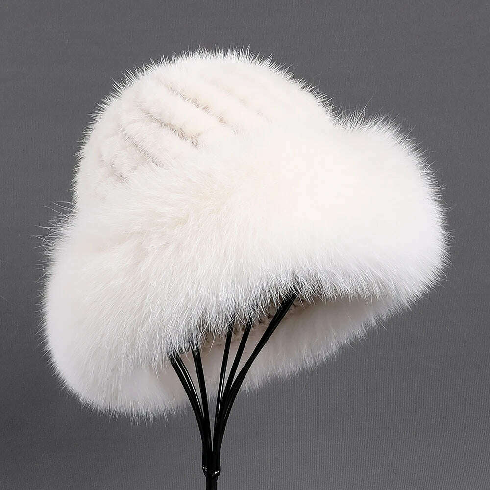 BOONJOVIA Women's Luxury Genuine Mink Fur Beanie Hat With Fox Fur Trim Brim Top Cap Lady Winter Fur Hats Warm Fluffy