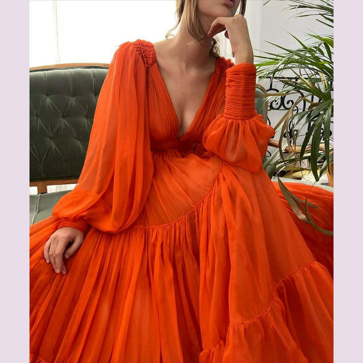 Bridalaffair Pleat Tulle Princess Prom Gown V-Neck Long Puff Sleeve Plus Size Evening Gown Elegant Dress Women for Wedding Party