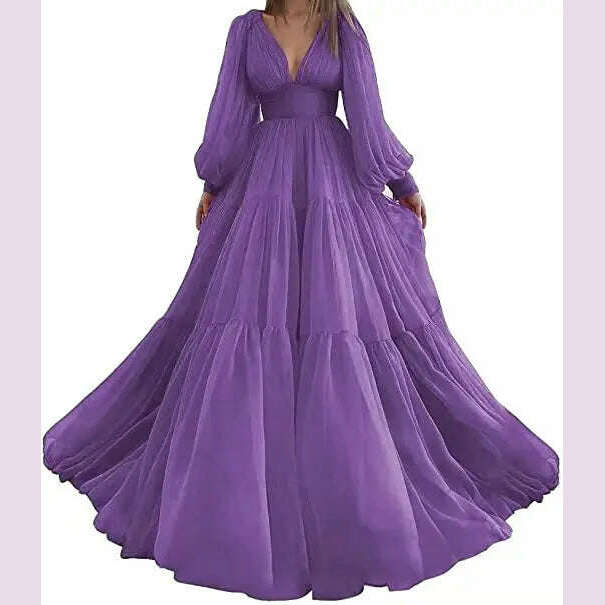 Bridalaffair Pleat Tulle Princess Prom Gown V-Neck Long Puff Sleeve Plus Size Evening Gown Elegant Dress Women for Wedding Party