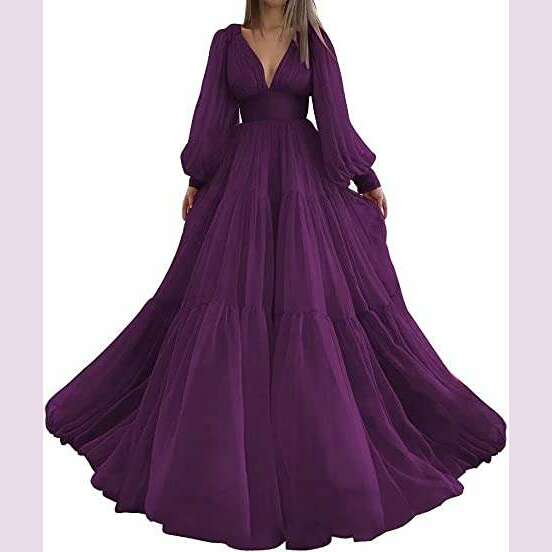Bridalaffair Pleat Tulle Princess Prom Gown V-Neck Long Puff Sleeve Plus Size Evening Gown Elegant Dress Women for Wedding Party