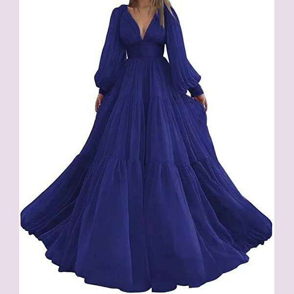 Bridalaffair Pleat Tulle Princess Prom Gown V-Neck Long Puff Sleeve Plus Size Evening Gown Elegant Dress Women for Wedding Party