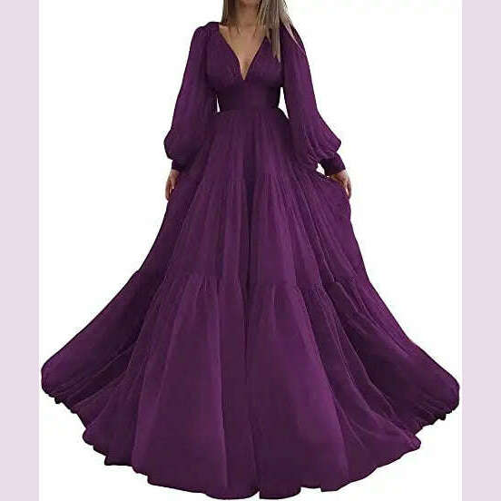 Bridalaffair Pleat Tulle Princess Prom Gown V-Neck Long Puff Sleeve Plus Size Evening Gown Elegant Dress Women for Wedding Party