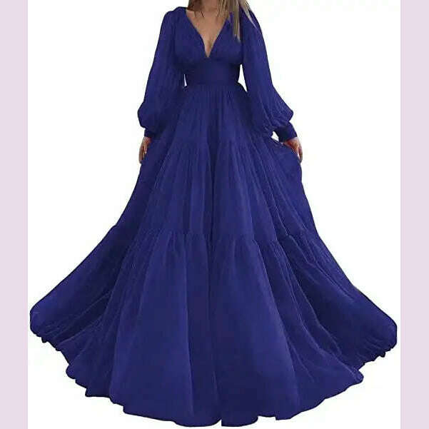 Bridalaffair Pleat Tulle Princess Prom Gown V-Neck Long Puff Sleeve Plus Size Evening Gown Elegant Dress Women for Wedding Party