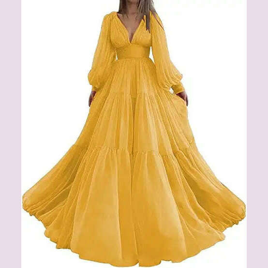 Bridalaffair Pleat Tulle Princess Prom Gown V-Neck Long Puff Sleeve Plus Size Evening Gown Elegant Dress Women for Wedding Party