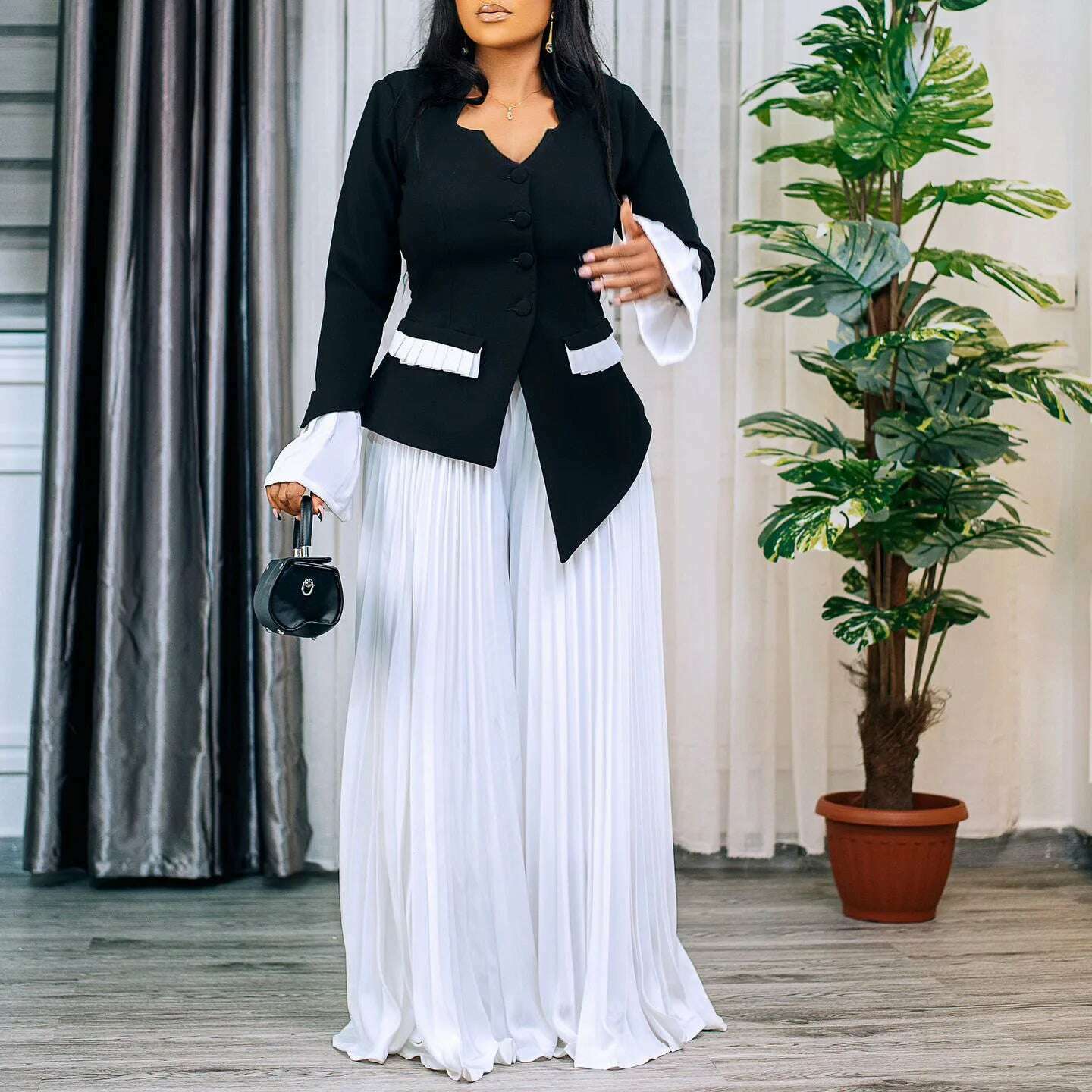 CM.YAYA Women's Set Full Flare Sleeve Button Blazer Shirt + Pleated Long Pants Suit Streetwear Two 2 Piece Set Africa OL Outfits