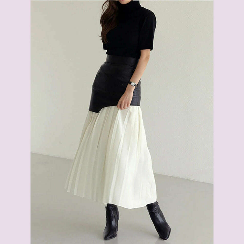 DEAT 2024 White Long Autumn Leather Patchwork A-line Wrap Hip Temperament New Fashion Women's Pleated Skirt 7Z206