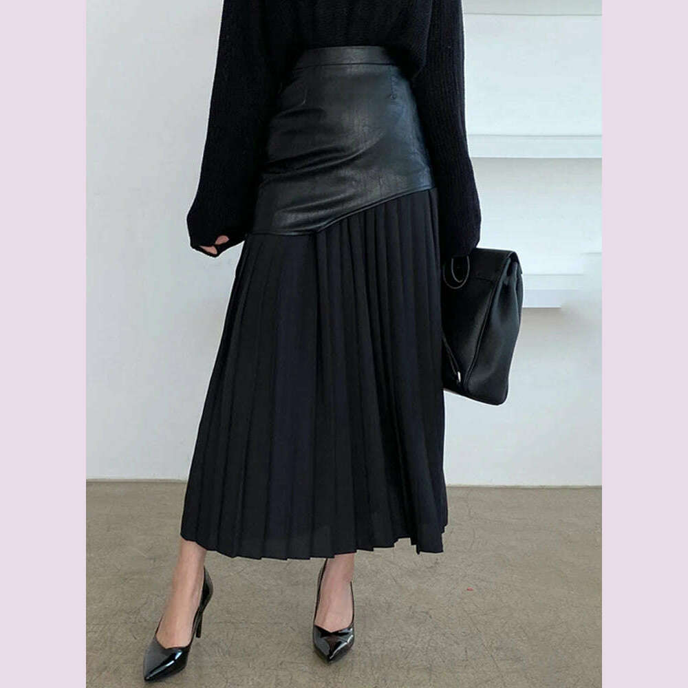 DEAT 2024 White Long Autumn Leather Patchwork A-line Wrap Hip Temperament New Fashion Women's Pleated Skirt 7Z206