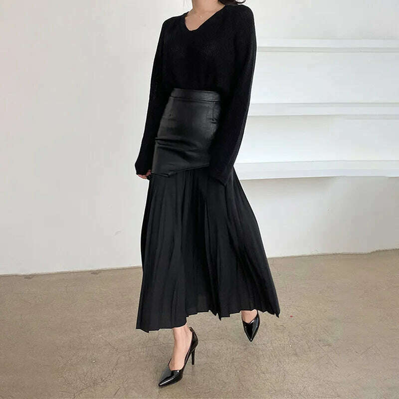 DEAT 2024 White Long Autumn Leather Patchwork A-line Wrap Hip Temperament New Fashion Women's Pleated Skirt 7Z206