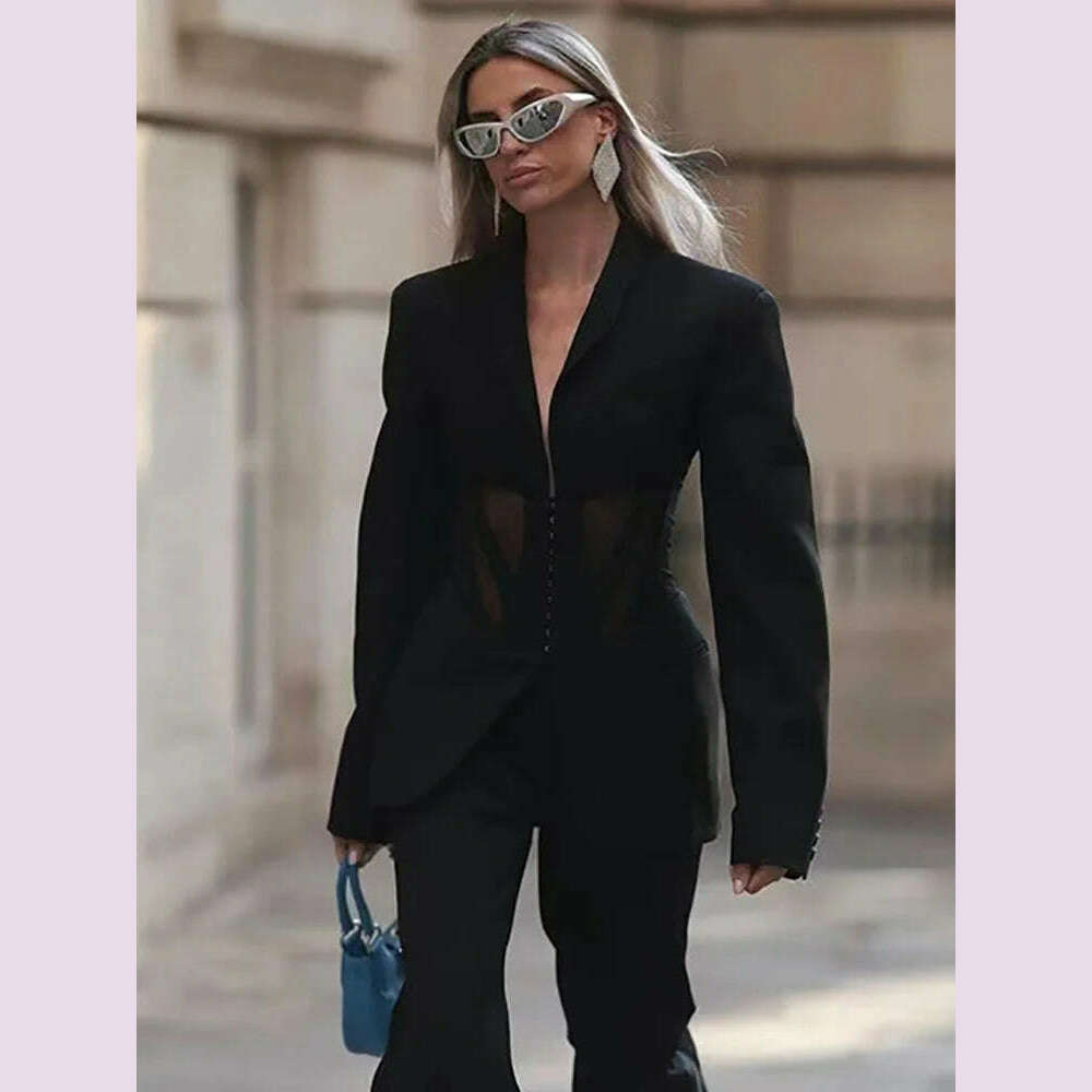 DEAT Fashion Women Blazer Notched Collar Full Sleeve Hidden Breasted Lace Patchwork Waist Black Jacket Autumn 2024 New 17A8211