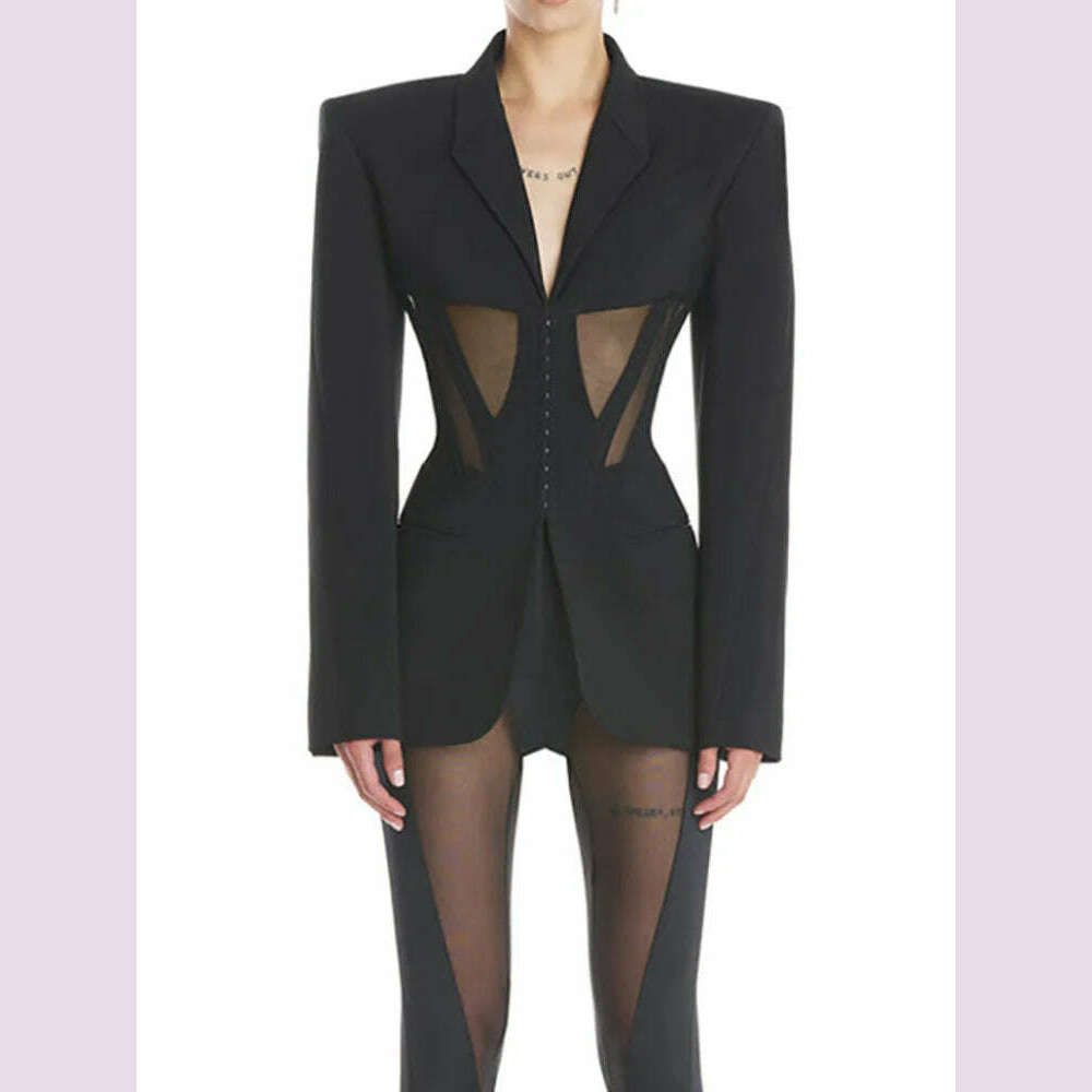 DEAT Fashion Women Blazer Notched Collar Full Sleeve Hidden Breasted Lace Patchwork Waist Black Jacket Autumn 2024 New 17A8211