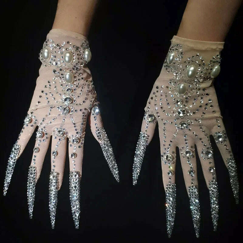 Deluxe AB Diamond Pearl Long Nails Diamond Shiny Short Gloves