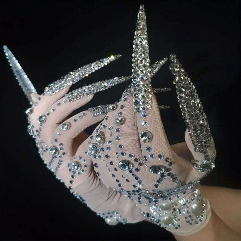Deluxe AB Diamond Pearl Long Nails Diamond Shiny Short Gloves