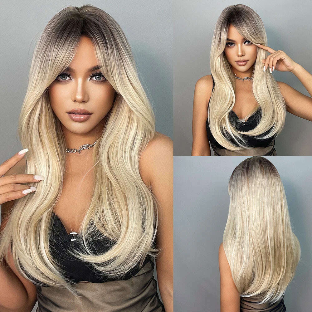 EASIHAIR Long Silver with Blonde Highlight Synthetic Wigs for Women Straight with Bangs Natural Wigs Cosplay Hair Heat Resistant