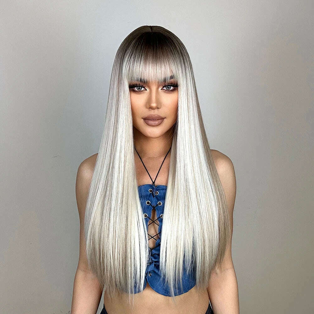 EASIHAIR Long Silver with Blonde Highlight Synthetic Wigs for Women Straight with Bangs Natural Wigs Cosplay Hair Heat Resistant