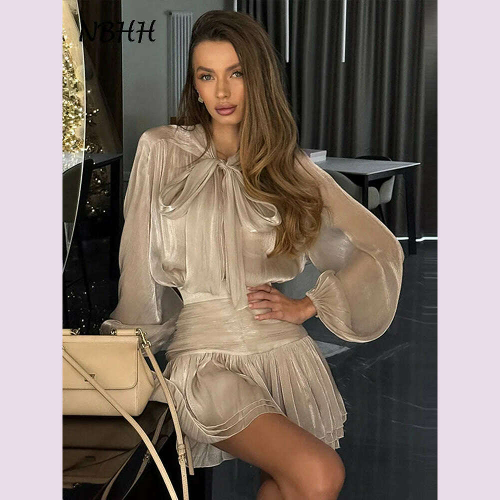 Elegant Bow Lace Up Top Skirts Set For Women O-neck Long Lantern Sleeve Blouses High Waist Pleated Skirt 2025 New Lady Outfits