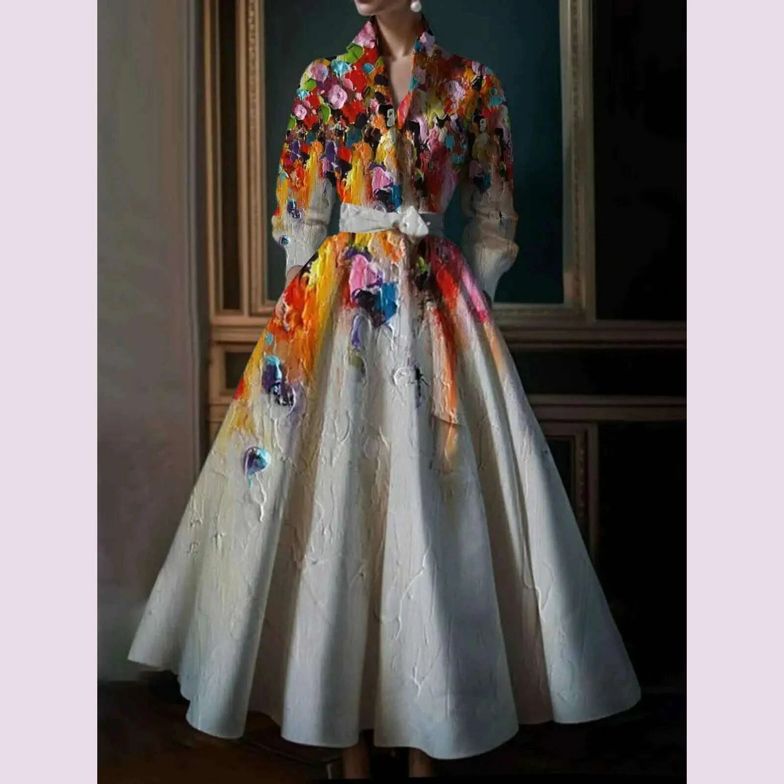 Elegant Floral Printing Maxi Dresses Multicolor Turndown Collar Long Sleeve A-Line Dress Party Wedding Evening Dress 2025