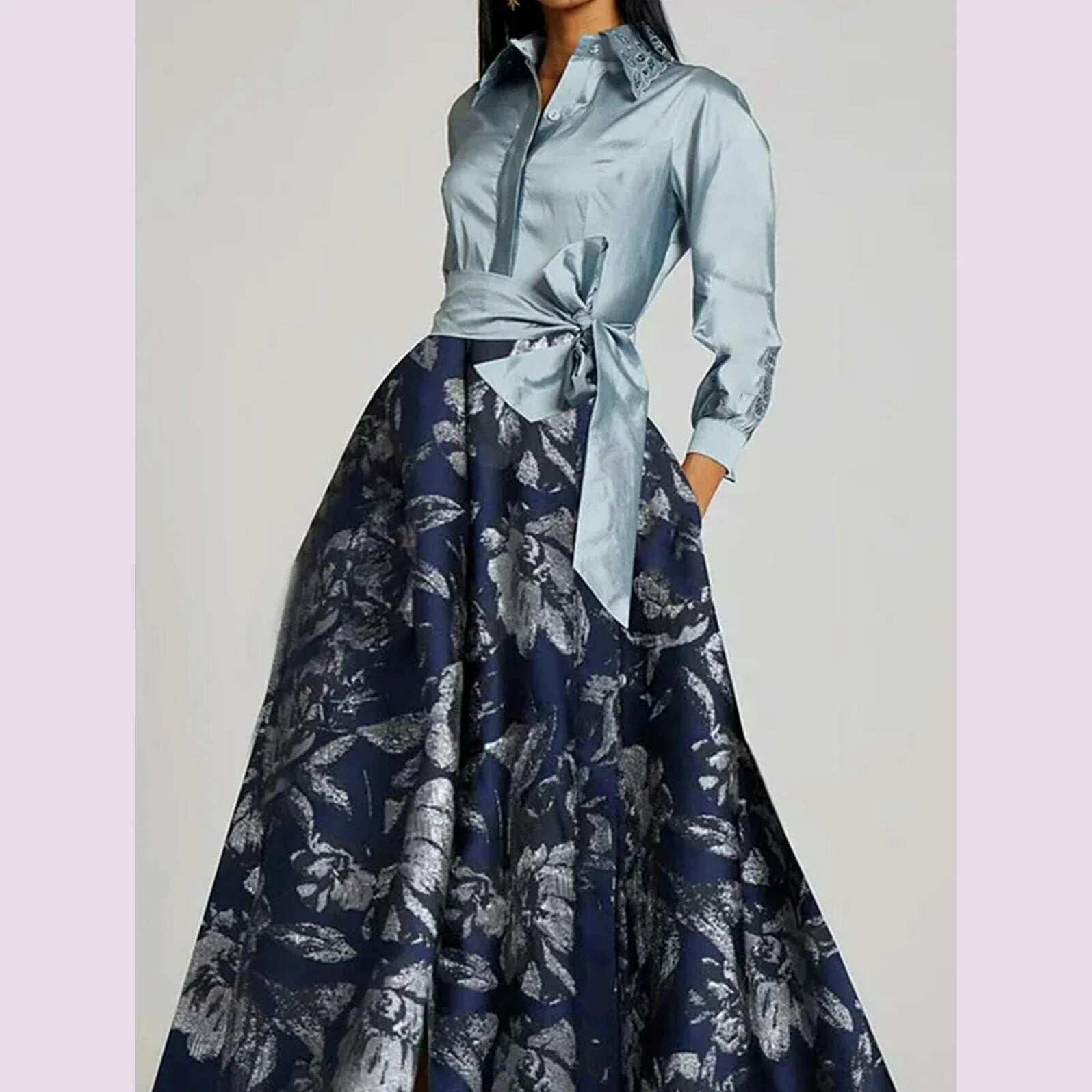Elegant Floral Printing Maxi Dresses Patchwork Turndown Collar Long Sleeve Bowknot Pocket Long Dress Party Wedding Evening Dress