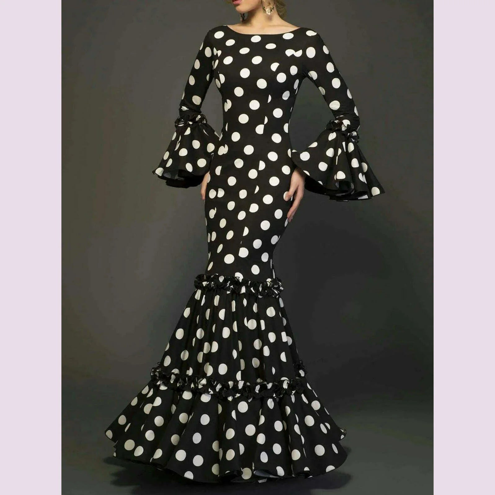 Elegant Ladies Dress Fashionable Trumpet Sleeves Polka Dot Decoration Cascading Ruffle Hem Sexy Fishtail Ladies Evening Dress