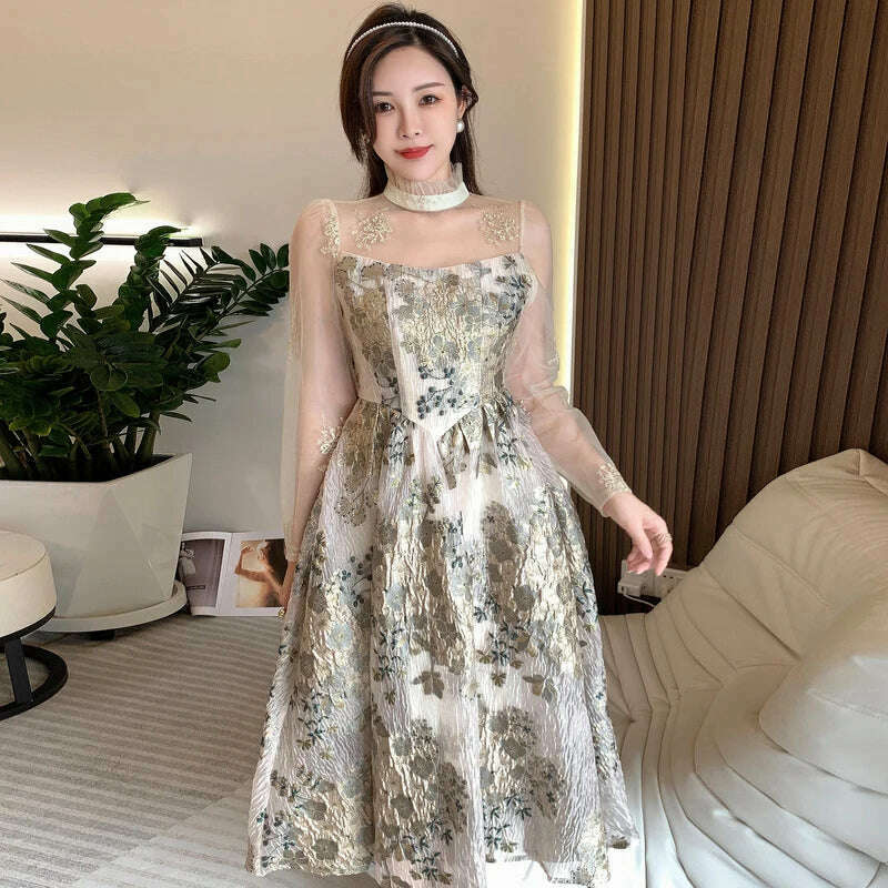 Elegant Luxury Mesh Flower Embroidery Patchwork Jacquard Dress Women Stand Collar Shawl Ruffles Floral Evening Party Vestidos