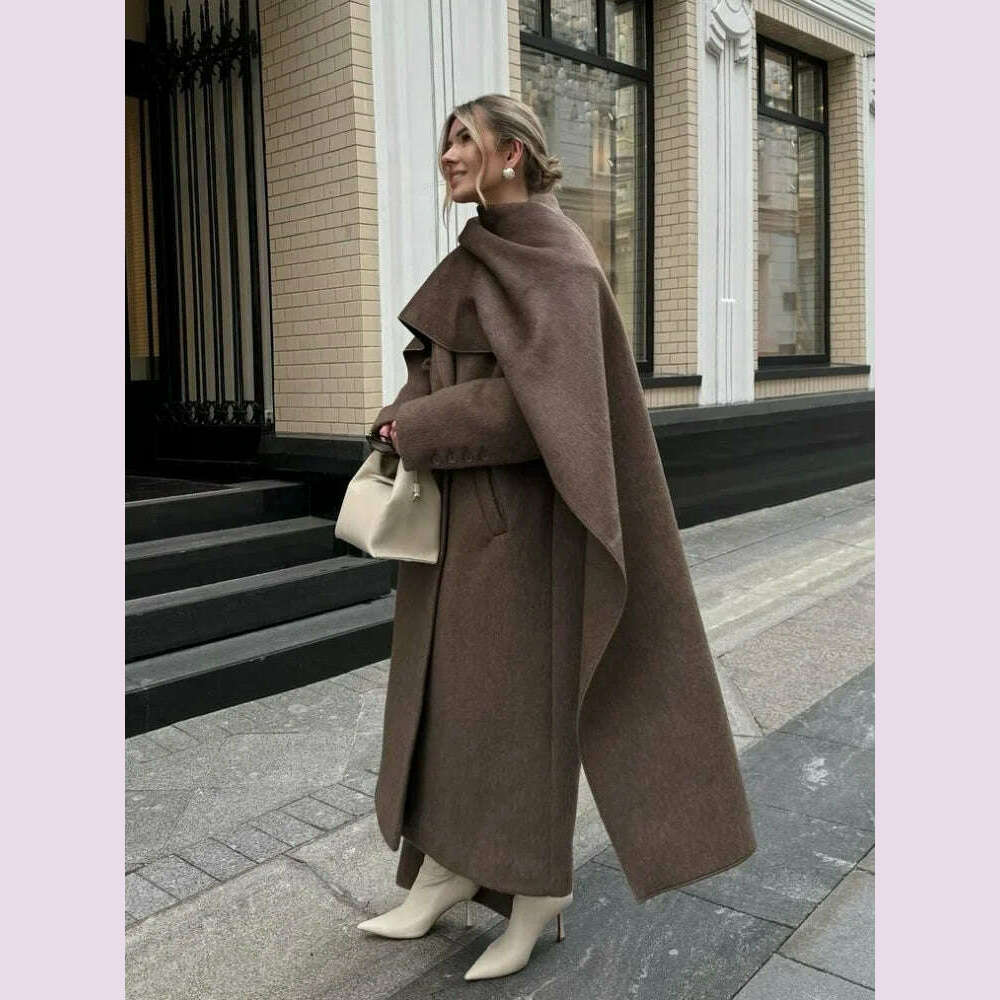 Elegant Vintage Woolen Overcoat For Women Single Breasted Scarf Loose Jacket Pocket Casual Coat 2024 Autumn New Lady Outerwear